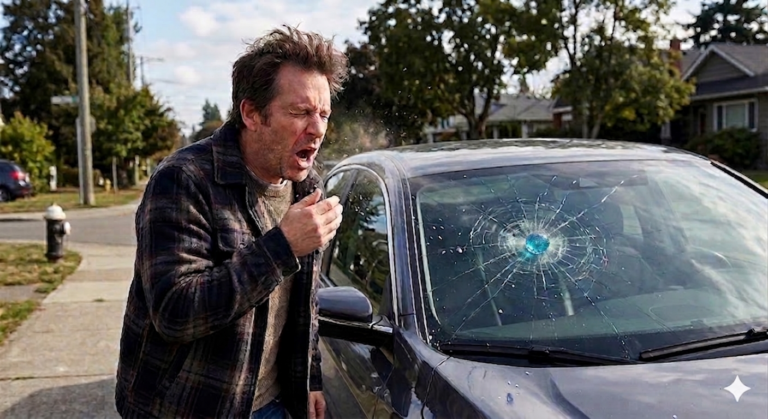 BIRKENPOLLENALARM: Bonbon-Projektil durchschlägt Windschutzscheibe durch Niesanfall