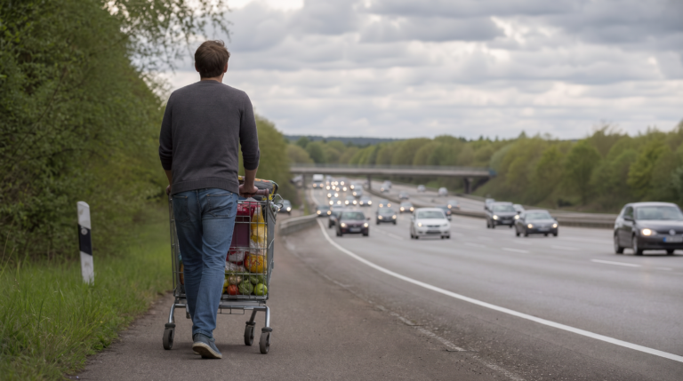 Schnellste Strecke gewählt: Mann schiebt Einkaufswagen auf der A6 bei Kaiserslautern
